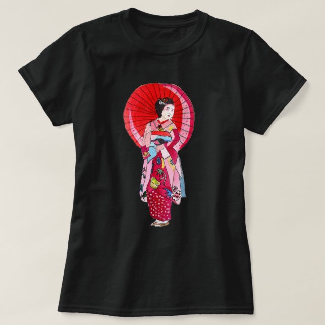 Japansk Geisha röd kimono söt konst T Shirt (Design framsida)