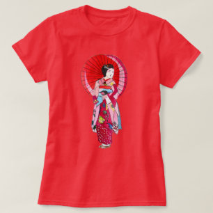 Japansk Geisha röd kimono söt konst T Shirt
