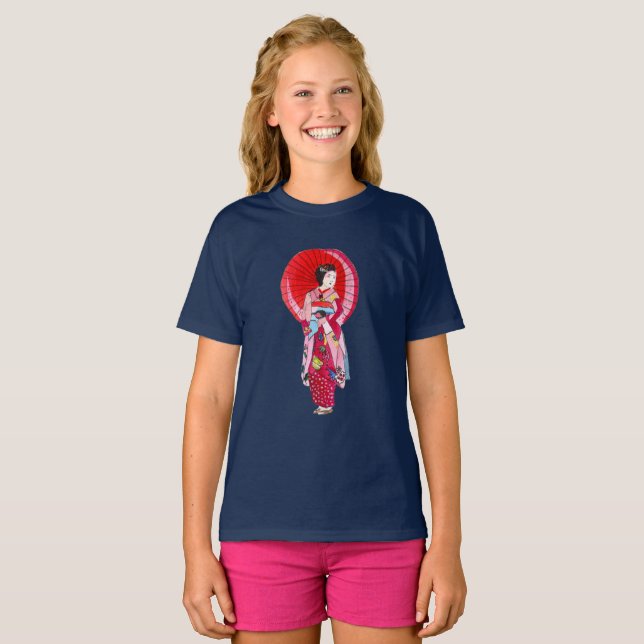 Japansk Geisha röd kimono söt konst T Shirt (Hel framsida)