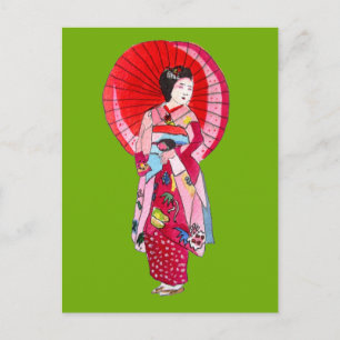 Japansk Geisha röd kimono söt konst Vykort