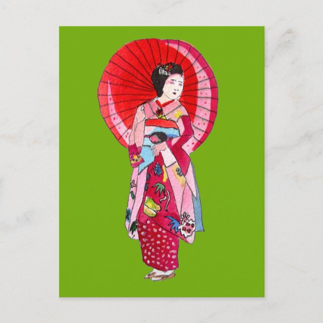 Japansk Geisha röd kimono söt konst Vykort (Framsida)