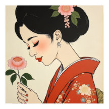 Japansk Geisha Röd Kimono Ukiyo-e Stil