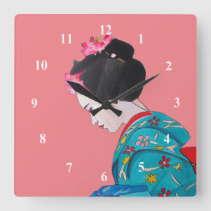 Japansk Geisha rosa blommar Söt konst Fyrkantig Klocka