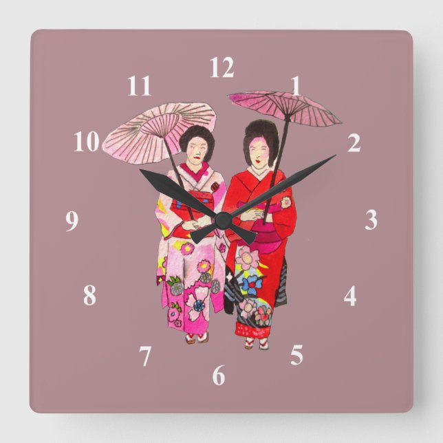 Japansk Geisha rosa kimono, söt konst Fyrkantig Klocka (Framsida)
