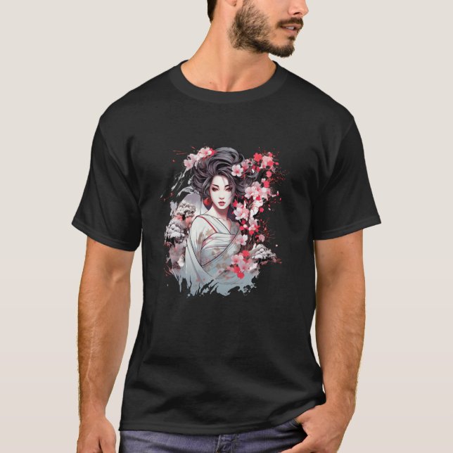 Japansk Geisha Sakura Cherry Blommar Japan Art Gr T Shirt (Framsida)