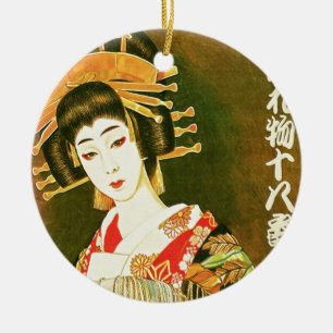 Japansk Geisha & Wasaga Papper Umbrella Art Julgransprydnad Keramik
