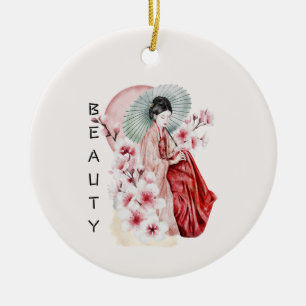 Japansk Geisha Watercolor med Kimono och Sakura Julgransprydnad Keramik