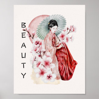 Japansk Geisha Watercolor med Kimono och Sakura Poster