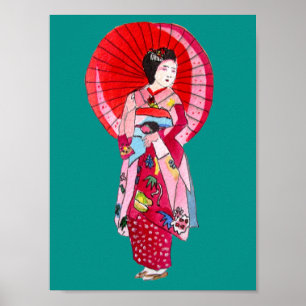 Japansk Geishakonst med paraplyet Poster