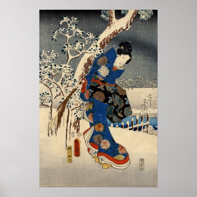 Japansk geisya i Snö, Toyokuni, Ukiyo-e Poster (Framsidan)