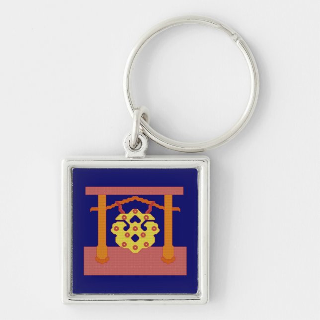 Japansk Gongvapensköld Keychain Fyrkantig Silverfärgad Nyckelring (Framsidan)