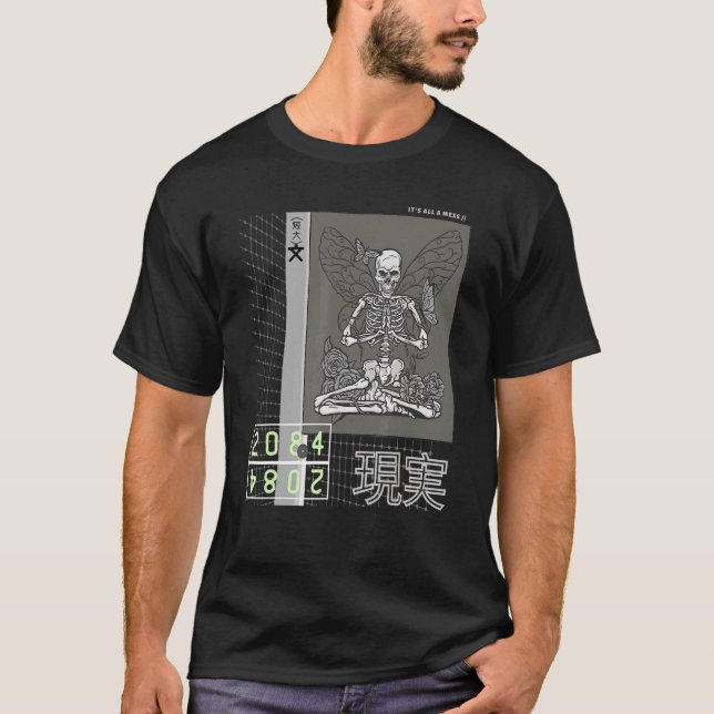 Japansk Goth Skeleton Meditation Cyberpunk Street T Shirt (Framsida)