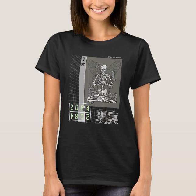 Japansk Goth Skeleton Meditation Cyberpunk Street T Shirt (Framsida)