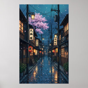 Japansk gränd regn natt mysig anime blommande urba poster