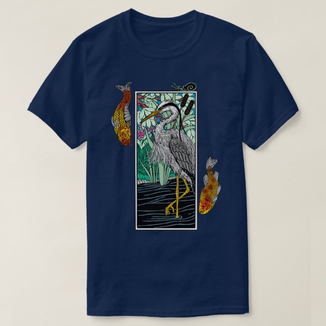 Japansk Grått Heron Aosagi Nishikigoi Koi p fisk T Shirt (Design framsida)