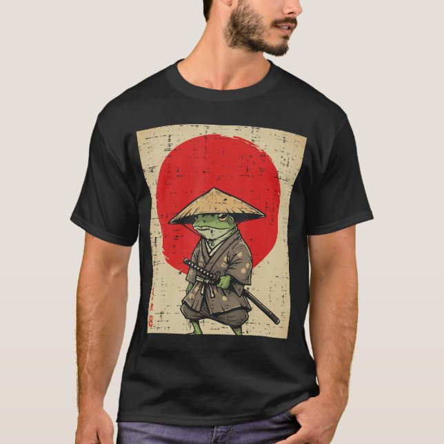 Japansk Groda Samuraj Katana Sol Kimono Konst Män  T Shirt (Framsida)