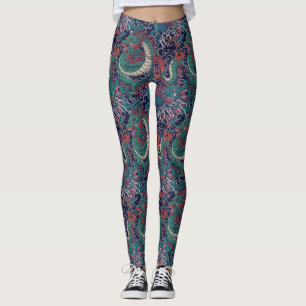 Japansk grön röd drakmönster leggings