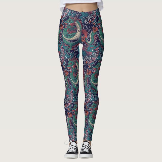 Japansk grön röd drakmönster leggings (Framsida)