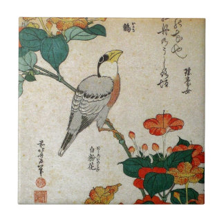 Japansk Grosbeak och Mirabilis Jalapa (Hokusai) Kakelplatta