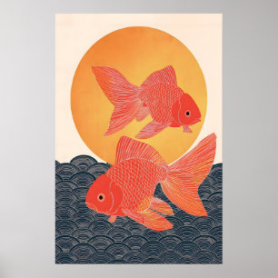 Japansk Guld fisk Konsttryck, Minimalistisk Koi Fi Poster