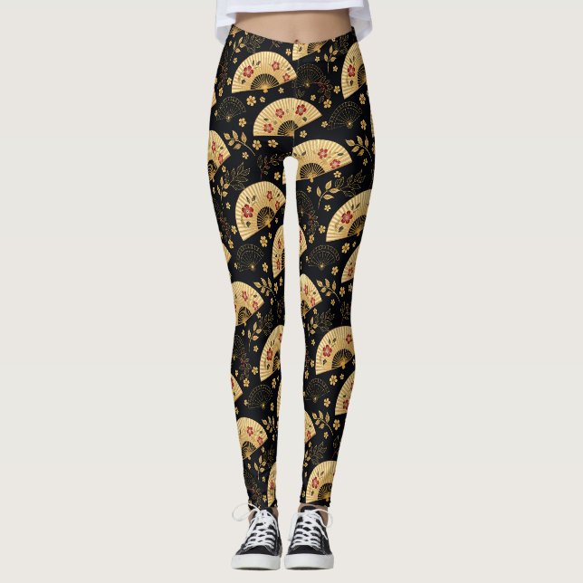 Japansk guldfläkt Sakura-mönster Leggings (Framsida)
