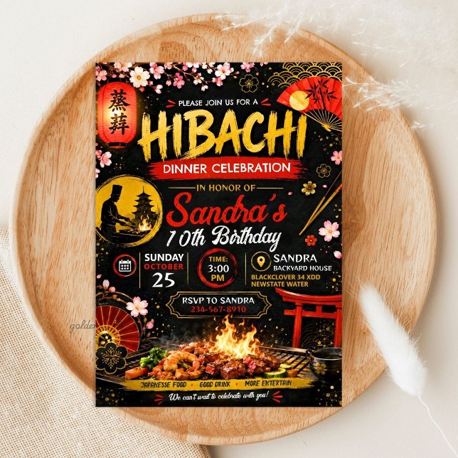 Japansk Hibachi Födelsedagsfest - Grilltema Inbjudningar (Japanese Hibachi Birthday - Grill Theme Invitation
)