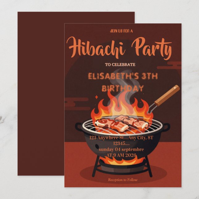 Japansk Hibachi Middagsparty Födelsedagsinbjudan Inbjudningar (Fram/baksida)