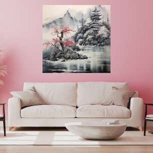 Japansk Hokusai Art Stil Mountain Cherry Blommar Canvastryck