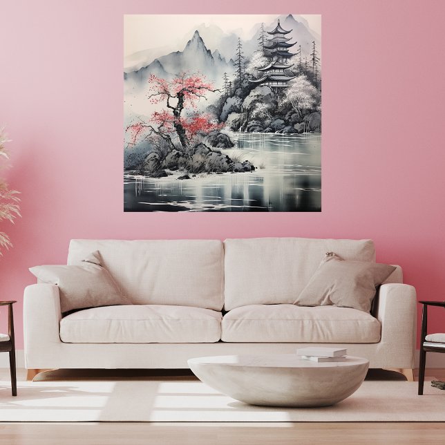 Japansk Hokusai Art Stil Mountain Cherry Blommar Canvastryck (Skapare uppladdad)