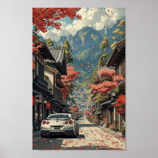 Japansk höstgata med sportbilsposter poster