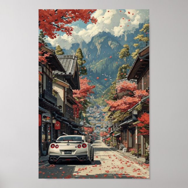 Japansk höstgata med sportbilsposter poster (Framsidan)