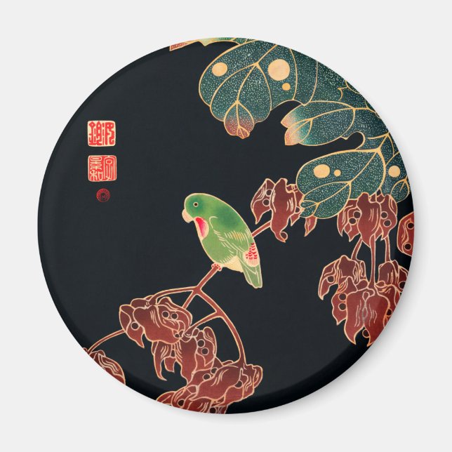 Japansk illustration av Paroquet Colorful Bird Magnet (Framsidan)