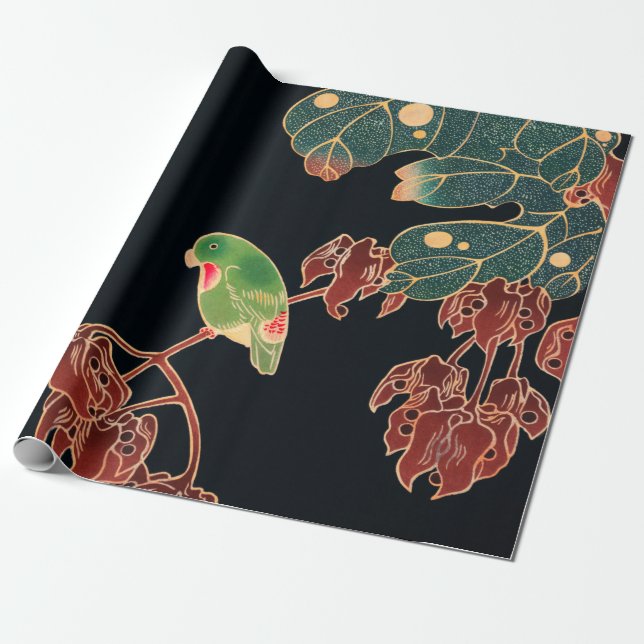 Japansk illustration av Paroquet Colorful Bird Presentpapper (Utrullad)