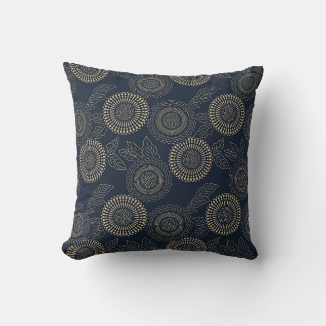 Japansk inspirerad mönster indigo och tan design7 kudde (Framsida)