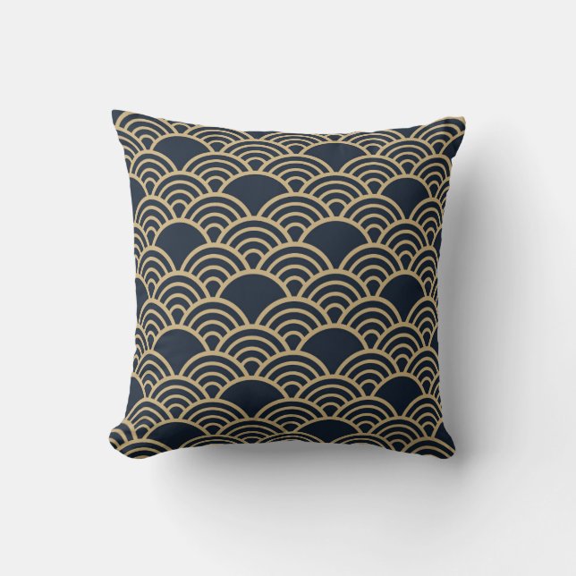 Japansk inspirerad mönster indigo och tan design 1 kudde (Framsida)