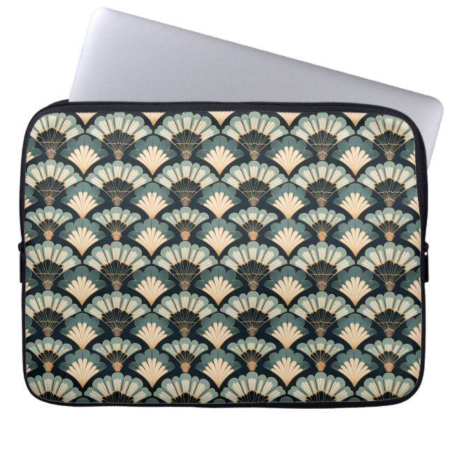 Japansk inspirerad Teal & Beige Fläkt Laptop Fodral (Framsidan)