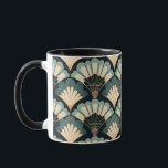 Japansk inspirerad Teal & Beige Fläkt Mugg<br><div class="desc">Den här fantastiska utformningen visar på en komplicerad arrangemang av japanska Art nouveau-inspirerade motiv i fläkt, som har en harmonisk palett av guld, teal, kräm och marin. Det lagrade fläkt-mönster skapar djup och rörelse, medan de metalliska guld-accenterna tillför en lyxande beröring. Med sin blandning av traditionell asiatisk konst och 1920-talet...</div>