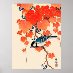 Japansk Jay för vintage fågel och höstvinranka Poster
