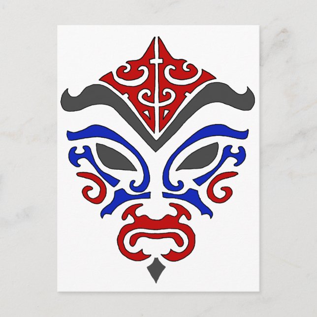 Japansk Kabuki Mask Tribal Red Blue Makeup Vykort (Framsida)