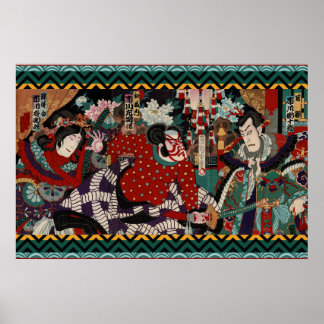 Japansk Kabuki Samurai Colorful Battle Scene Poster