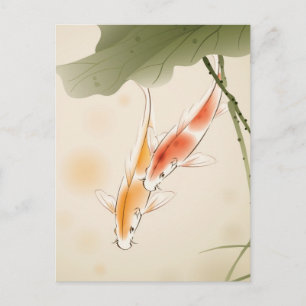 Japansk karp fiskar som simmar i lotus damm vykort
