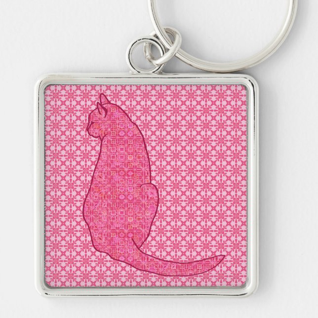 Japansk katt - Fuchsia Rosa Batik Fyrkantig Silverfärgad Nyckelring (Framsidan)