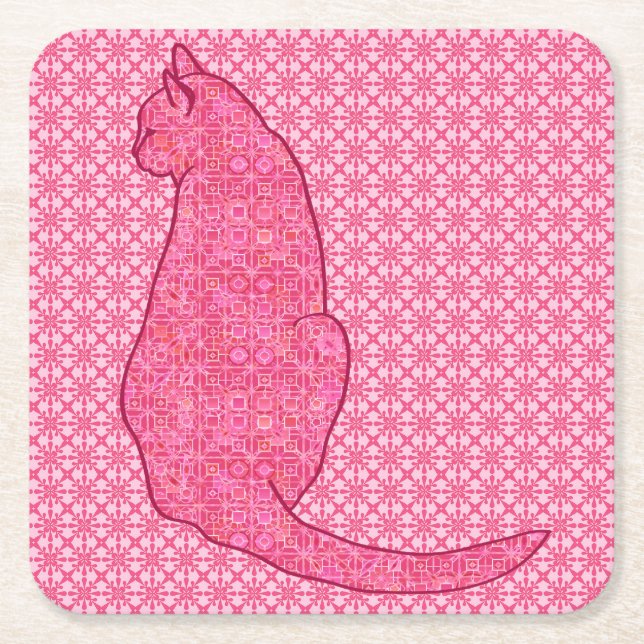 Japansk katt - Fuchsia Rosa Batik Underlägg Papper Kvadrat (Framsidan)