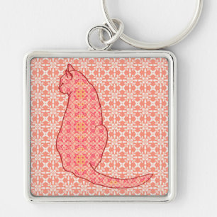 Japansk katt - korall Orange Batik Fyrkantig Silverfärgad Nyckelring
