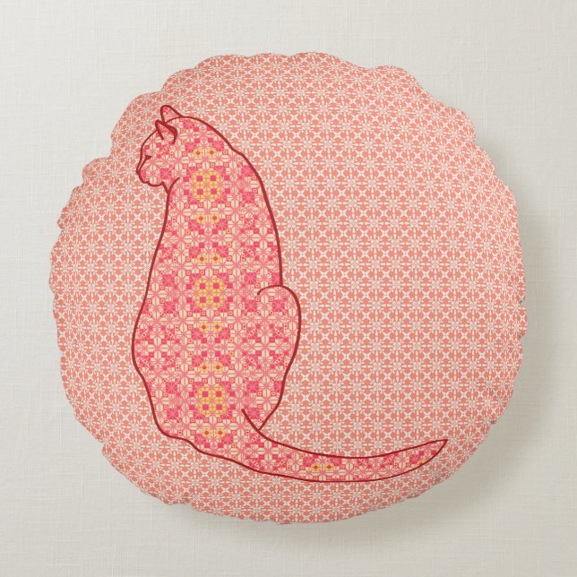 Japansk katt - korall Orange Batik Rund Kudde (Framsidan)