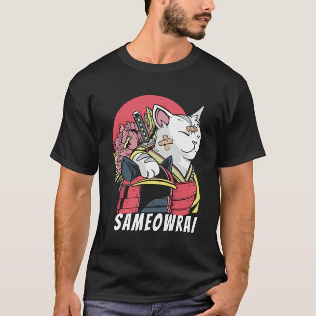 Japansk katt Samurai Katana Sameowrai Anime Funny T Shirt (Framsida)
