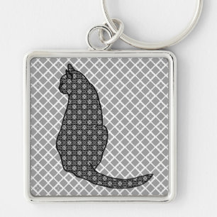 Japansk katt - svart och vit Kimono-utskrift Fyrkantig Silverfärgad Nyckelring