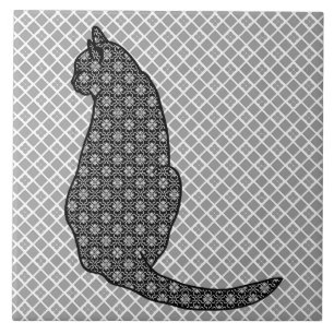 Japansk katt - svart och vit Kimono-utskrift Kakelplatta