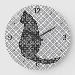 Japansk katt - svart och vit Kimono-utskrift Stor Klocka