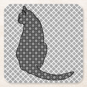 Japansk katt - svart och vit Kimono-utskrift Underlägg Papper Kvadrat